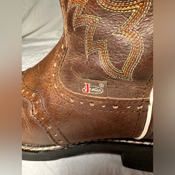 Justin Women’s L9909 Brown Leather Western Cowboy Boots Size 8B Stitch Detail - Picture 7 of 14